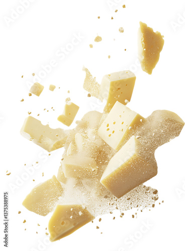 Powdered white cheese floating on a transparent background