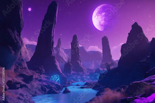 Glowing river flowing through canyons on an alien planet with purple sky, big moon and another planet visible at night