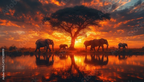 Fototapeta Naklejka Na Ścianę i Meble -  elephants sunset silhouettes near acacia tree reflection savanna landscape
