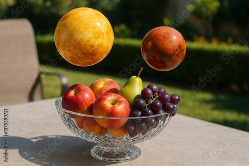 Venus and Mars levitating above crystal fruit bowl with apples grapes and pear on garden patio table

