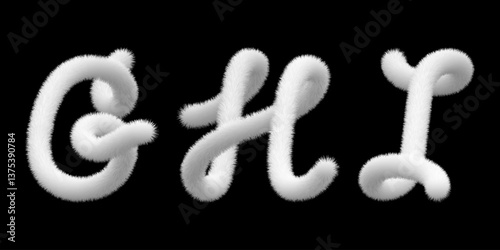 Furry pompon G, H, I 3d typography. Hairy vector capital script, fuzzy soft plush character. Puffy toy texture. Snow white letter, fur ball. Animal hair alphabet. Fluffy font bubble typescript text.