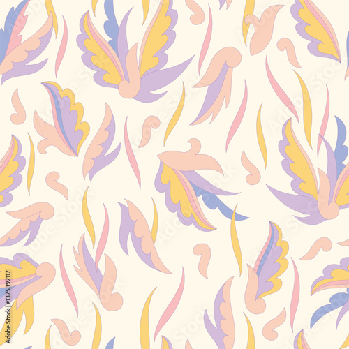 Decorative seamless pattern with abstract shapes of leaves and herbs. Artistic botanical vector background. Artisanal style of folk fairy tales allover print for fabric, textile, paper, package