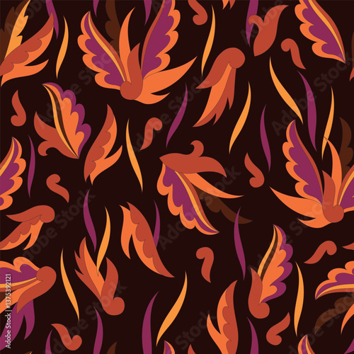 Decorative seamless pattern with abstract shapes of leaves and herbs. Artistic botanical vector background. Artisanal style of folk fairy tales allover print for fabric, textile, paper, package
