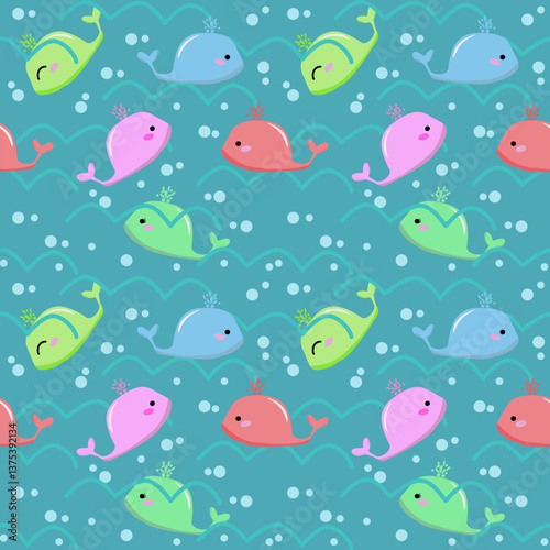 Cute Whales Seamless Pattern - Colorful Sea Life Illustration