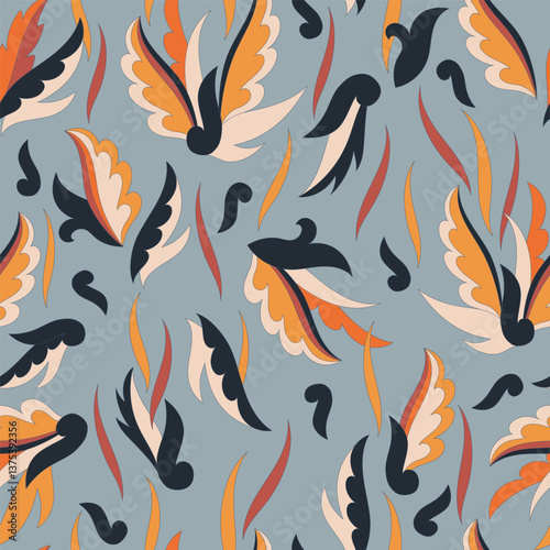 Decorative seamless pattern with abstract shapes of leaves and herbs. Artistic botanical vector background. Artisanal style of folk fairy tales allover print for fabric, textile, paper, package