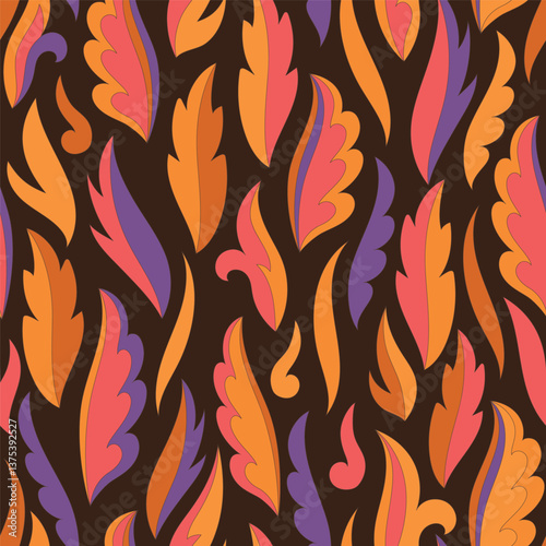 Decorative seamless pattern with abstract shapes of leaves and herbs. Artistic botanical vector background. Artisanal style of folk fairy tales allover print for fabric, textile, paper, package