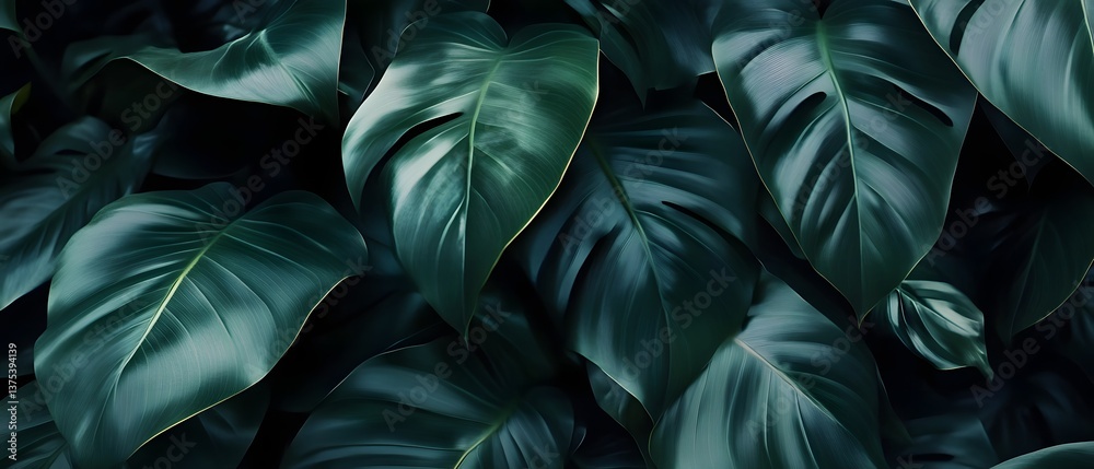 Close up of vibrant philodendron erubescens leaves illuminated by moody cinematic lighting creating an elegant and peaceful atmosphere Close up of vibrant philodendron erubescens leaves illuminated by moody cinematic lighting creating an elegant and peaceful atmosphere