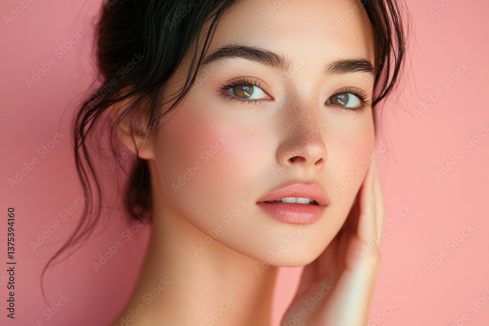 Portrait of Beautiful Woman with Glowing Skin and Natural Makeup on Blue Background Portrait of Beautiful Woman with Glowing Skin and Natural Makeup on Blue Background