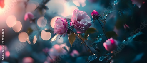 Lush blooming pink flowers set against a tranquil garden backdrop illuminated by dramatic contrasty cinematic lighting for a captivating modern aesthetic