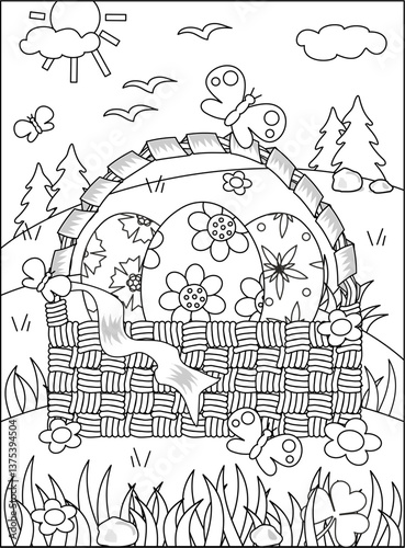 Easter basket, painted eggs, springtime outdoor scene. Coloring page for kids and adults.

