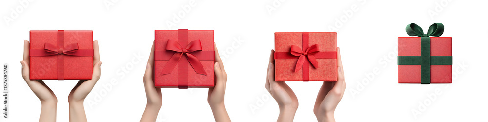 Hands holding beautifully wrapped red gift boxes with ribbon bows. Hands holding beautifully wrapped red gift boxes with ribbon bows.