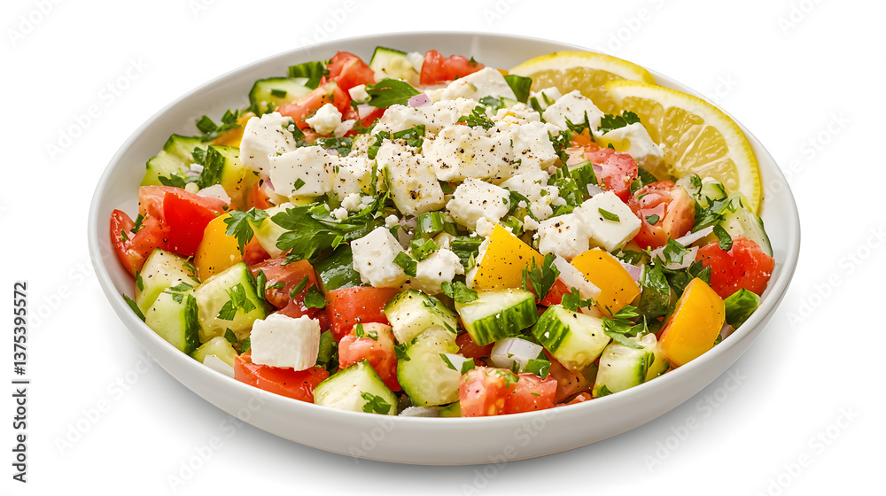 Fresh Shopska Salad with Cucumbers, Tomatoes, Peppers, and Feta Cheese Garnished with Lemon Slices Fresh Shopska Salad with Cucumbers, Tomatoes, Peppers, and Feta Cheese Garnished with Lemon Slices