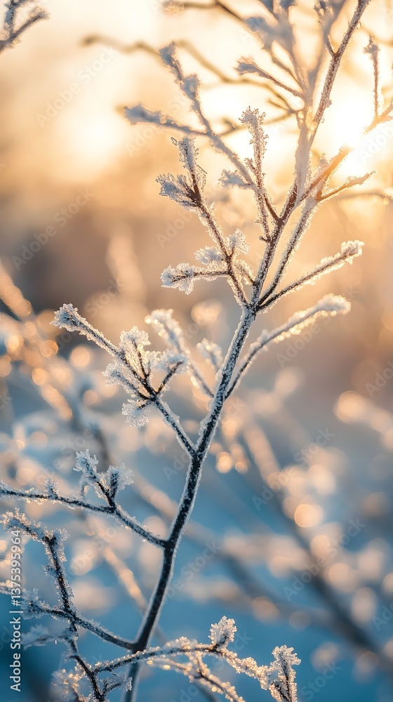 Close up of frost covered tree branches with a warm bright light source illuminating the scene from the background creating a captivating cinematic atmosphere