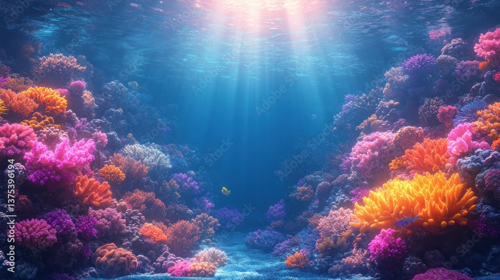 Naklejka premium Vibrant Underwater Seascape with Coral Reefs and Marine Life