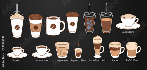 Vector illustration of various coffee drinks and cups