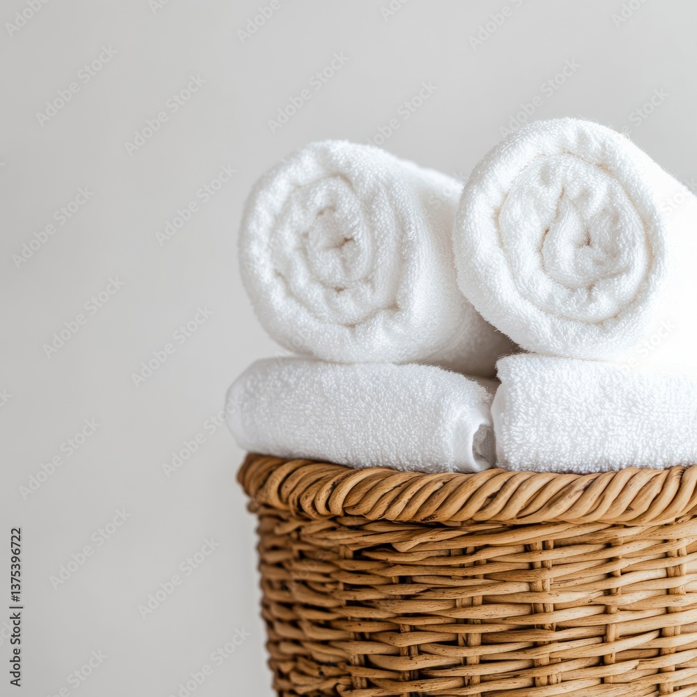 Rolled White Towels in Wicker Basket Offering a Spa Bathroom Ambiance Rolled White Towels in Wicker Basket Offering a Spa Bathroom Ambiance