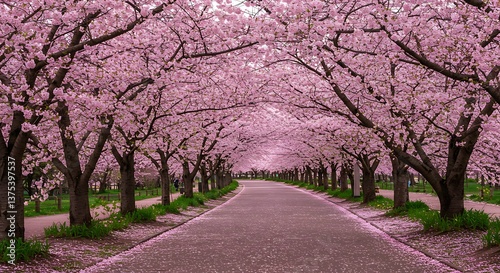 Stunning Cherry Blossom Canopy in Full Bloom – Serene Japanese Park Scene
