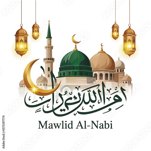 Wallpaper Mural Elegant Mawlid al-Nabi Celebration Design Featuring Islamic Calligraphy Green Dome Crescent Moon Lanterns Mosque Minaret the Birth of Prophet Muhammad Perfect for Religious Events Festive Greetings Torontodigital.ca