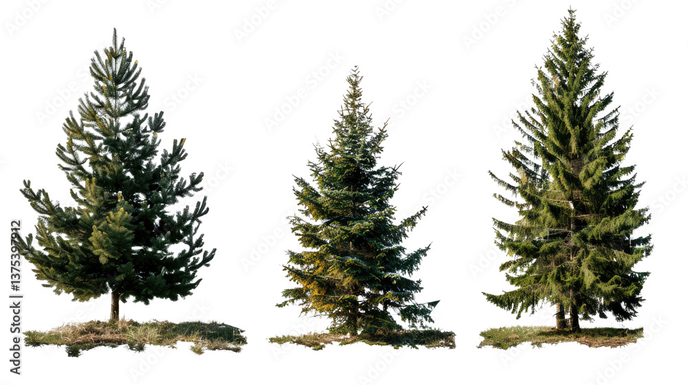 Fototapeta premium Evergreen Trio: A striking set of vibrant evergreen trees, each boasting a unique silhouette, stands elegantly against an airy backdrop. Their lush green foliage hints at the vitality of nature.