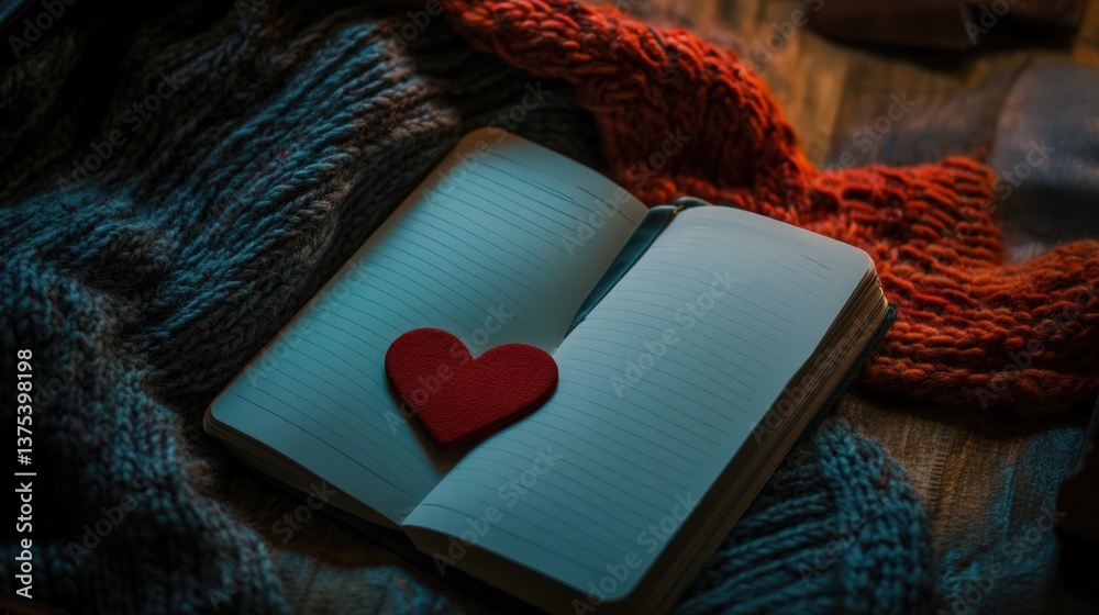 A red heart rests on an open lined notebook beside warm knitwear