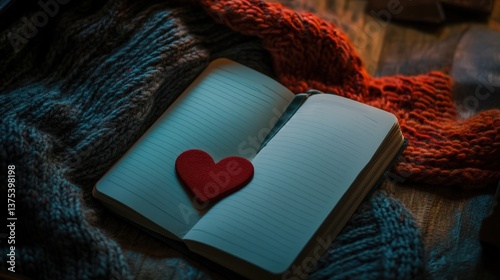 Obraz na płótnie A red heart rests on an open lined notebook beside warm knitwear w salonie