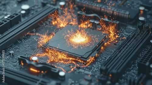 Blazing CPU: A macro shot reveals a computer processor engulfed in flames, a visual metaphor for overheating and technological issues