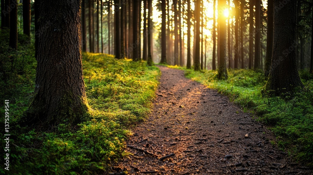 Fototapeta premium Forest at sunset rays illuminate serene pathway in twilight concept. Sunlight illuminating a tranquil forest path surrounded by trees.