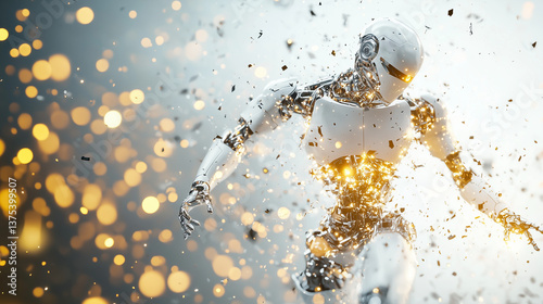 Digital Dawn: A state-of-the-art cyborg emerges from a sea of digital information, suggesting a fusion of technology and human potential. This evocative image represents innovation and the future. 