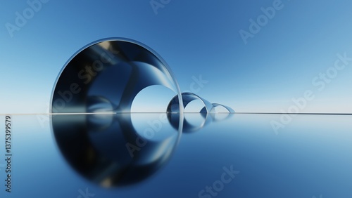 3d illustration of abstract minimal architecture background, geometric architectural with chrome or metallic arch design