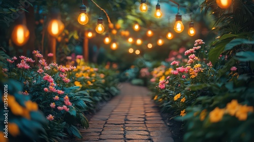 Warm string lights over a stone garden path. Lush flower beds and bokeh glow at dusk. A calm, welcoming mood of connection and comfort. Ideal for hospitality and event promotion.