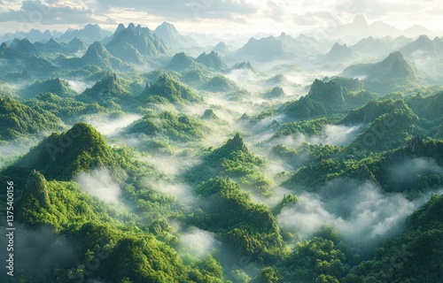 Misty Mountain Peaks Surrounded by Lush Green Forests Ethereal Atmosphere in Zhangjiajie Wulingyuan