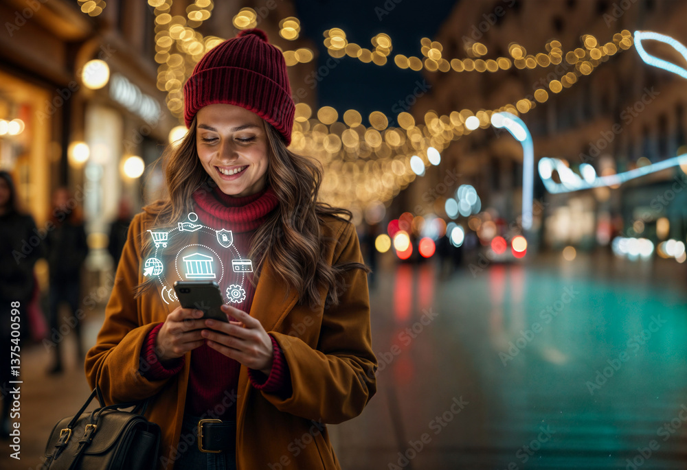 Smiling girl holding phone surrounded by online banking holograms in city. Mobile online banking concept