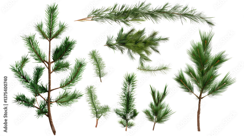 Obraz premium Evergreen Sprigs Collection: Detailed arrangement of various evergreen sprigs, showcasing the intricate textures and vibrant hues of these natural elements.