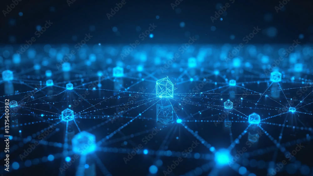 Obraz premium A network of glowing blue nodes connecting people, businesses, and devices.