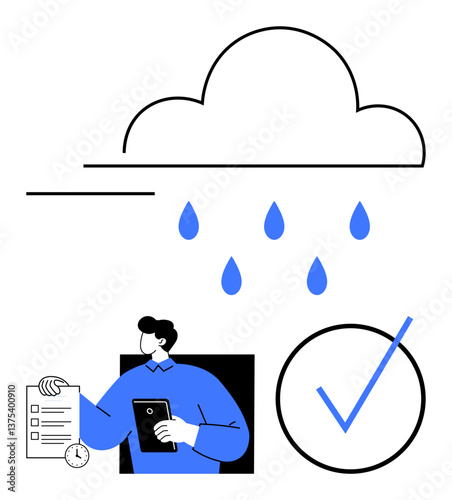 Cloud and raindrops implying data sync, person holding checklist and tablet, checkmark for completion. Ideal for productivity, task management, data integration, cloud solutions, approval systems