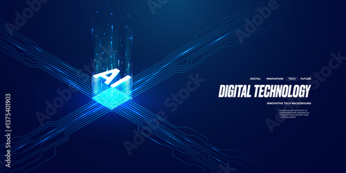 Isometric digital AI chip with abstract light big data elements on dark blue technology background. Circuit board with AI processor. Semiconductor on tech bd. Vector illustration. Computer backdrop. 