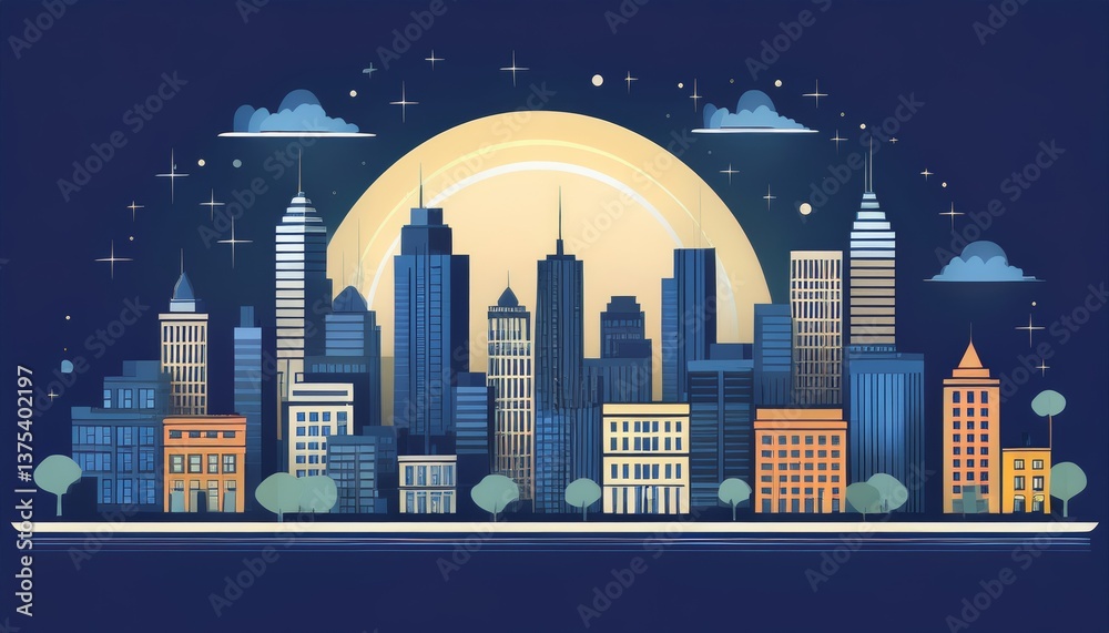 Naklejka premium Real estate lifestyle, abstract illustration of a cityscape at night