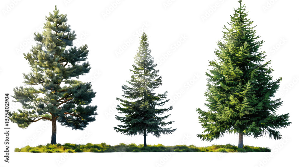 Fototapeta premium Evergreen Trio: A vibrant display of three towering evergreen trees stands in a row against a neutral backdrop, their textured branches reaching towards the sky.