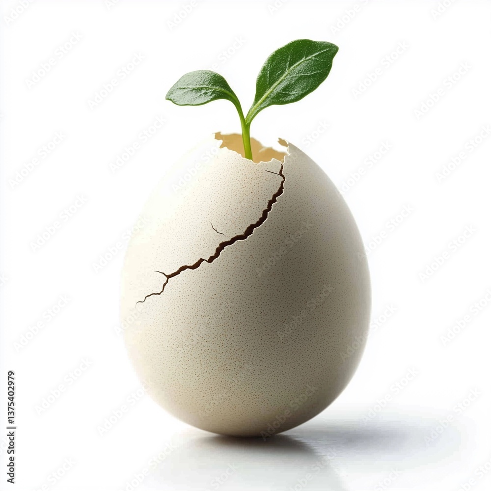 Cracked open eggshell with a small plant growing inside, white background Cracked open eggshell with a small plant growing inside, white background