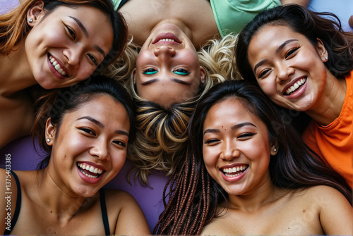 Group of Happy Young Women Lying in Circle Smiling and Enjoying Friendship