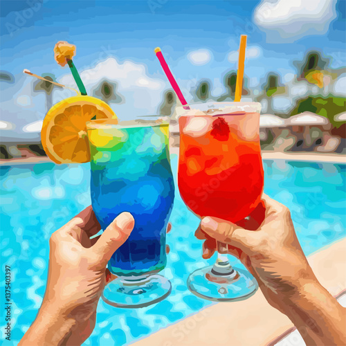 illustration toasts with colorful cocktails by the turquoise swimming pool on a sunny day. 