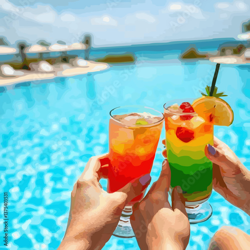 illustration toasts with colorful cocktails by the turquoise swimming pool on a sunny day. 