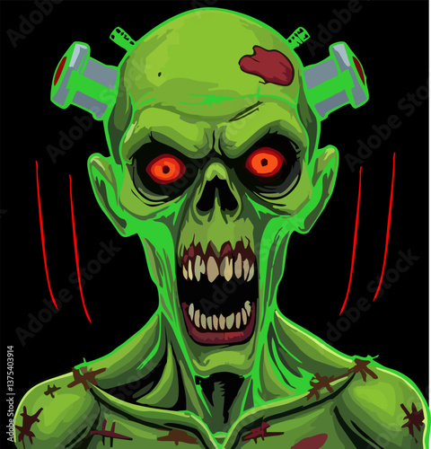 illustration of green zombie with glowing red eyes ghost skull fire halloween