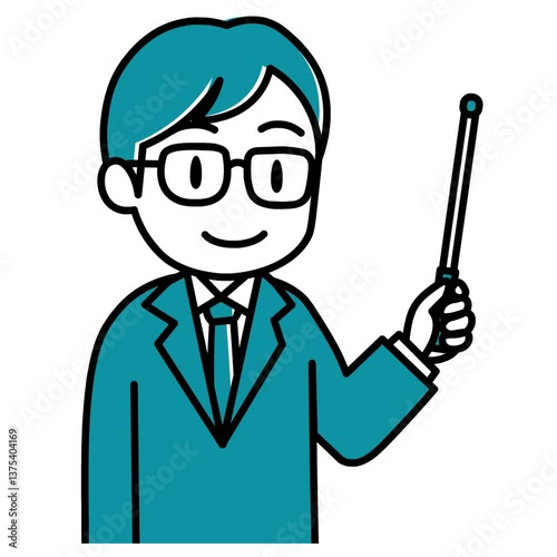 指示棒を持ち口パクで説明するスーツの男性