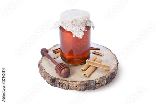 Organic Honey Jar with Cinnamon Sticks and Wooden Honey Dipper on Rustic Wooden Board – Natural Wellness and Immunity Boosting