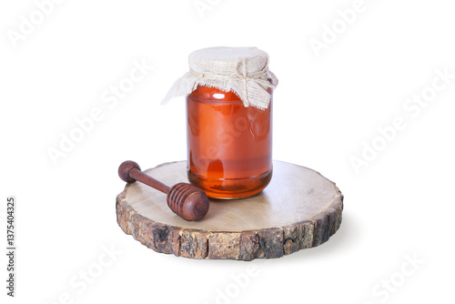 Organic Honey Jar with Wooden Honey Dipper on Rustic Wooden Board – Natural Wellness and Immunity Boosting 