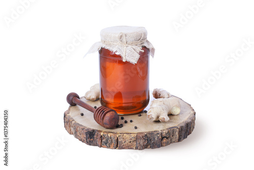 Organic Honey Jar with Fresh Ginger and Wooden Honey Dipper on Rustic Wooden Board – Natural Remedy for Health and Wellness