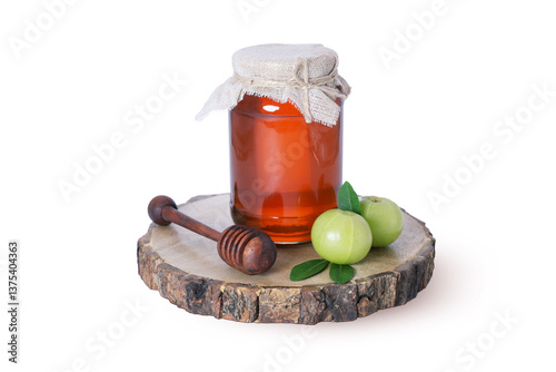 Organic Honey Jar with Fresh Amla and Wooden Honey Dipper on Rustic Wooden Board – Natural Ayurvedic Superfood
