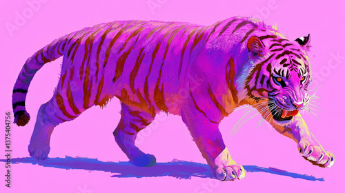 vibrant tiger walking pink background, showcasing its striking