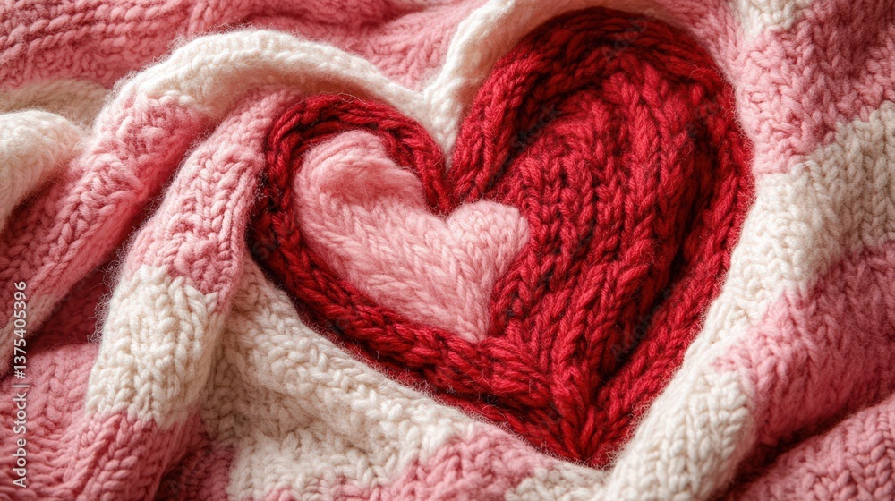Three knitted hearts of different colors are nested together